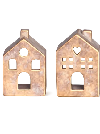 🏠✨ Set van 2 Gouden Stenen Huisjes – Waxinelichthouders – 8x6x12 cm