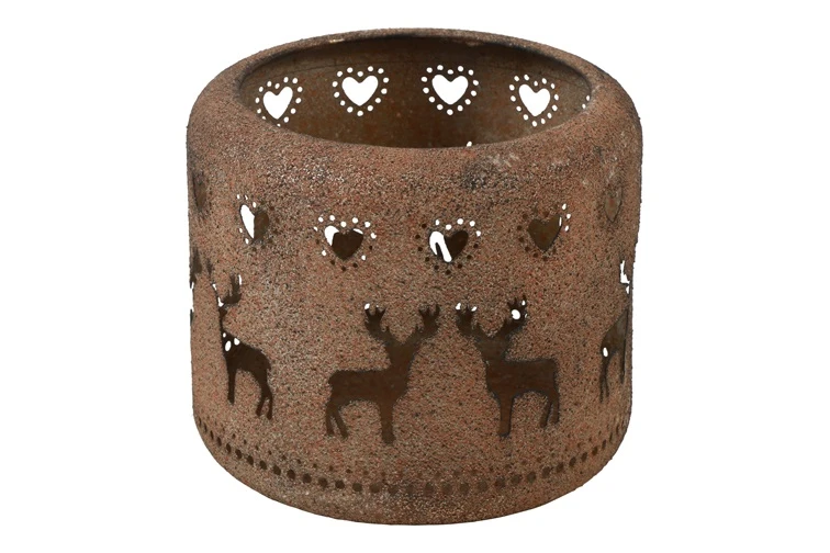 Roest windlicht met hertjes en hartjes - 12cm